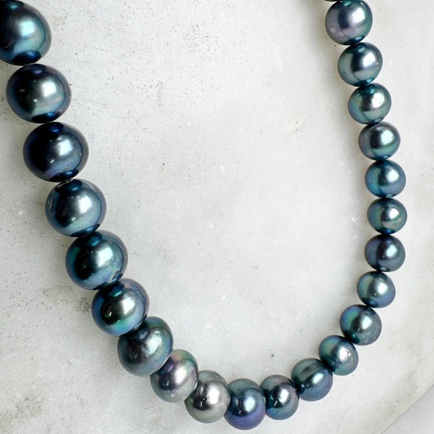 Iridescent Blue Peacock Pearl Necklace | Sterling Silver