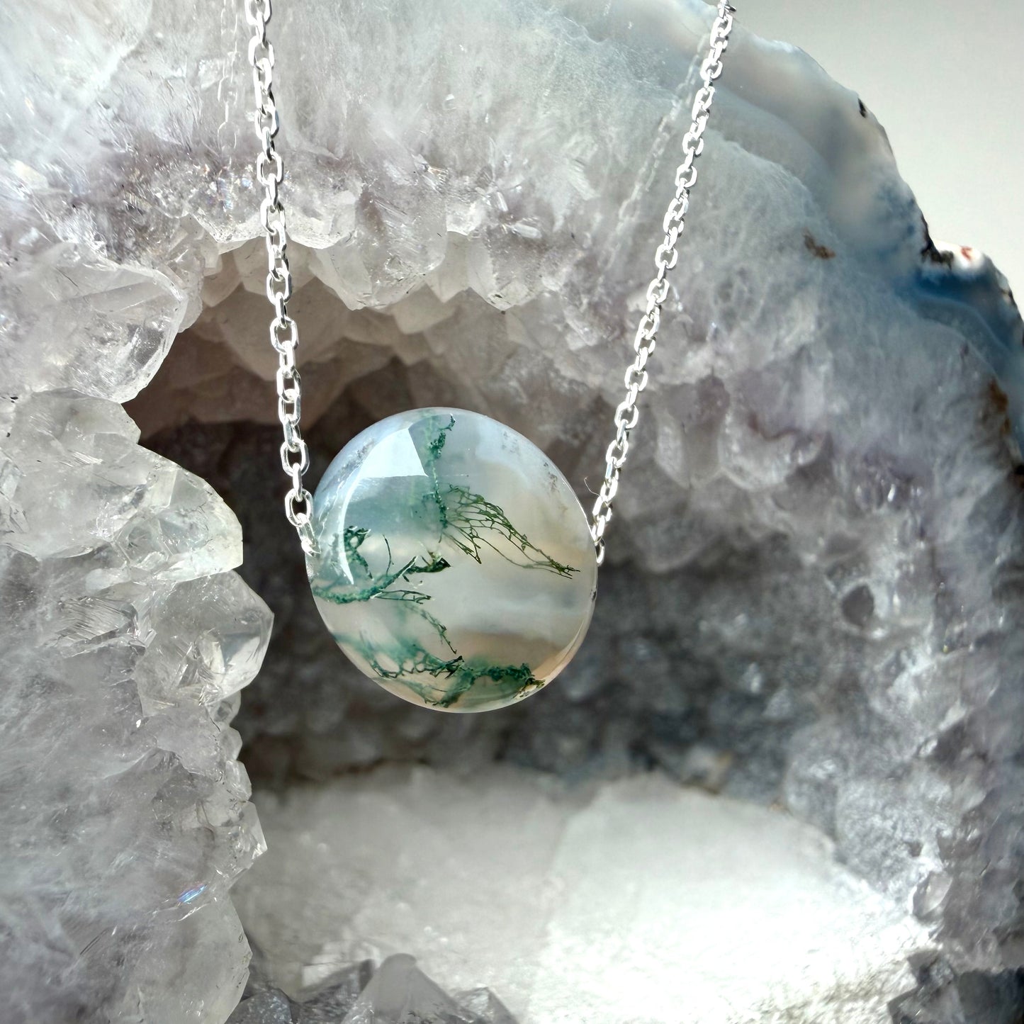 Faceted Moss Agate Floating Necklace | Sterling Silver
