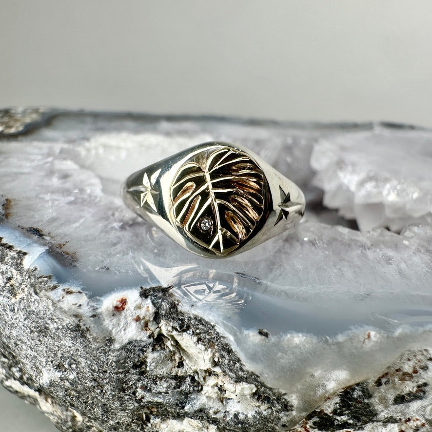 Monstera Leaf Signet Ring | 14k Yellow Gold & Sterling Silver