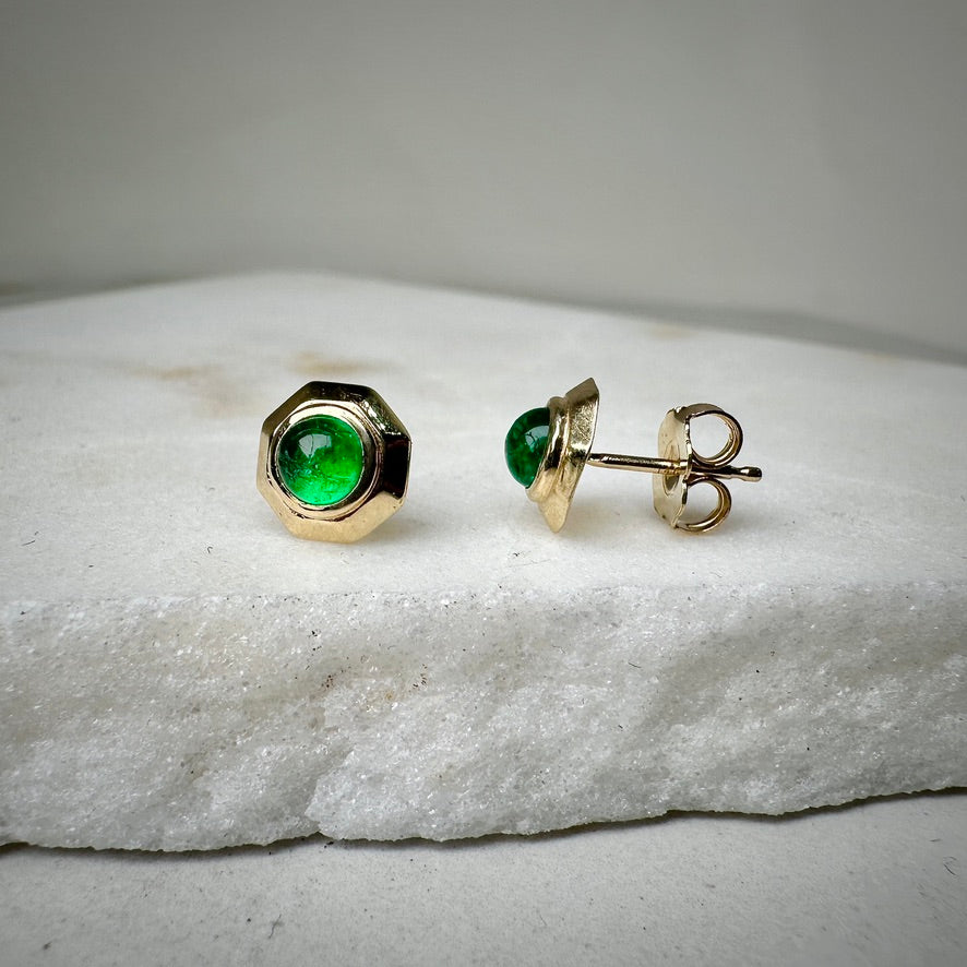 Emerald Octagon Studs | 14k Yellow Gold