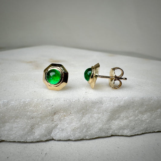 Emerald Octagon Studs | 14k Yellow Gold