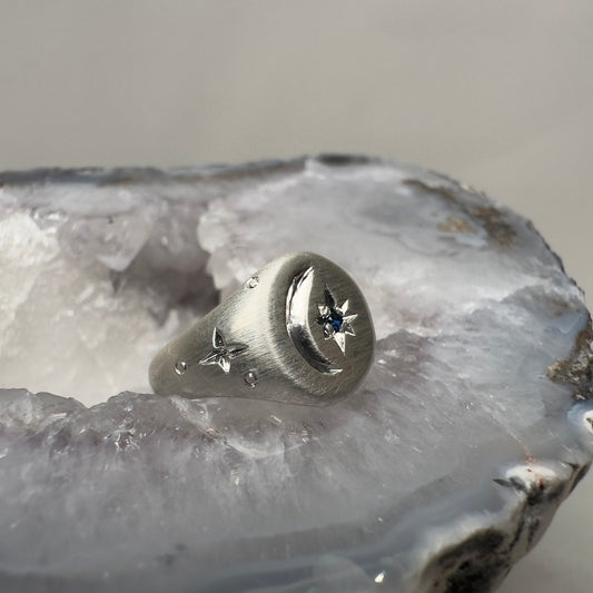 Moon and Star Engraved Ring with Sapphire