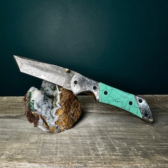Tanto Style Damascus Steel Blade and Turquoise Resin Handle Utility Knife
