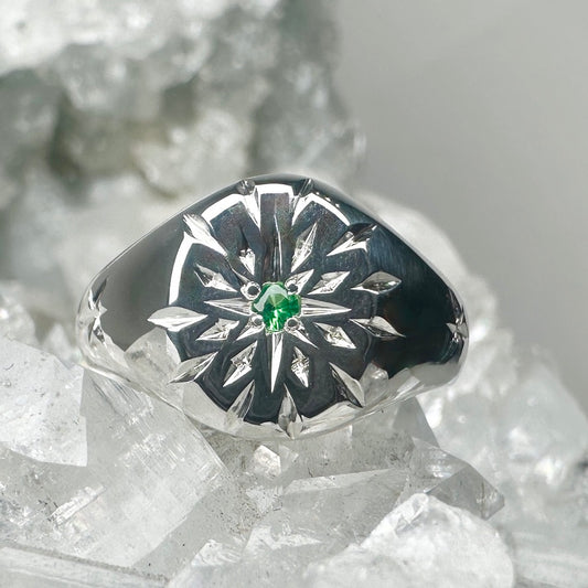 Tsavorite Garnet Engraved Signet Ring | Sterling Silver