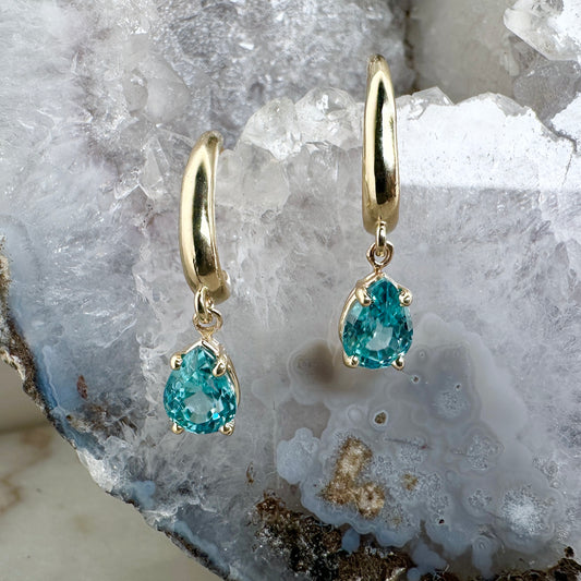 Blue Zircon Raindrop Long Earrings | 14k Yellow Gold
