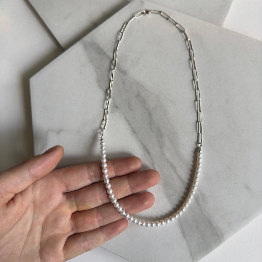 White Pearl Necklace with Paperclip Chain