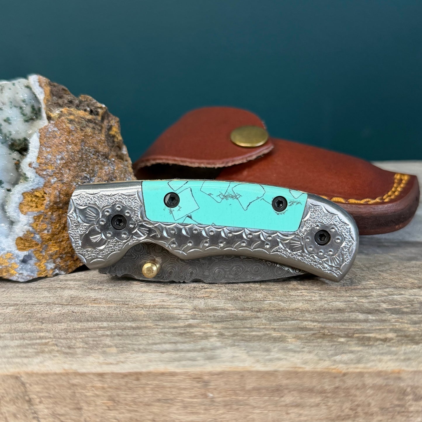 Engraved Damascus Steel Pocket Knife with Turquoise Resin Handle