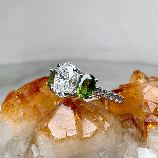 Green Sapphire & Oval Diamond Trilogy Ring | 14k White Gold