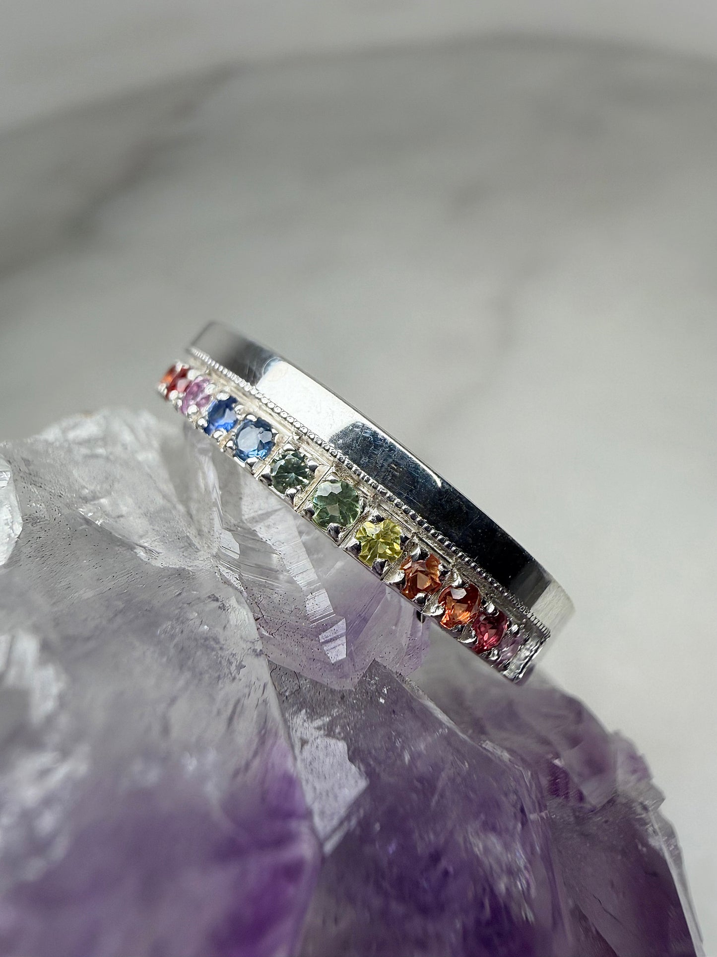 Rainbow Sapphire Flat Band Ring | Sterling Silver