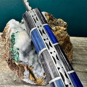 Damascus Steel Knife with Grey and Blue Wood Handle