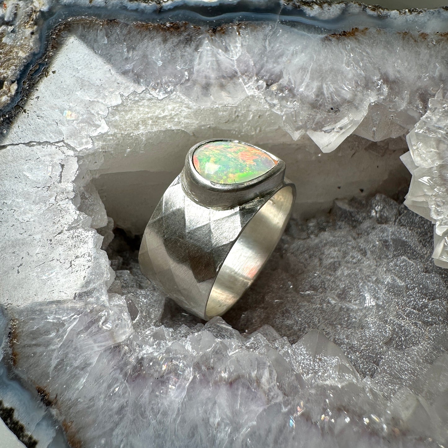 Faceted Cigar Band Ring with Ethiopian Opal