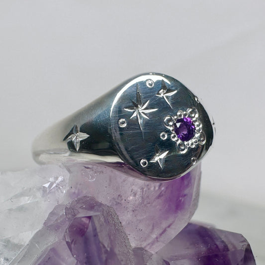 Amethyst Starburst Signet Ring | Sterling Silver