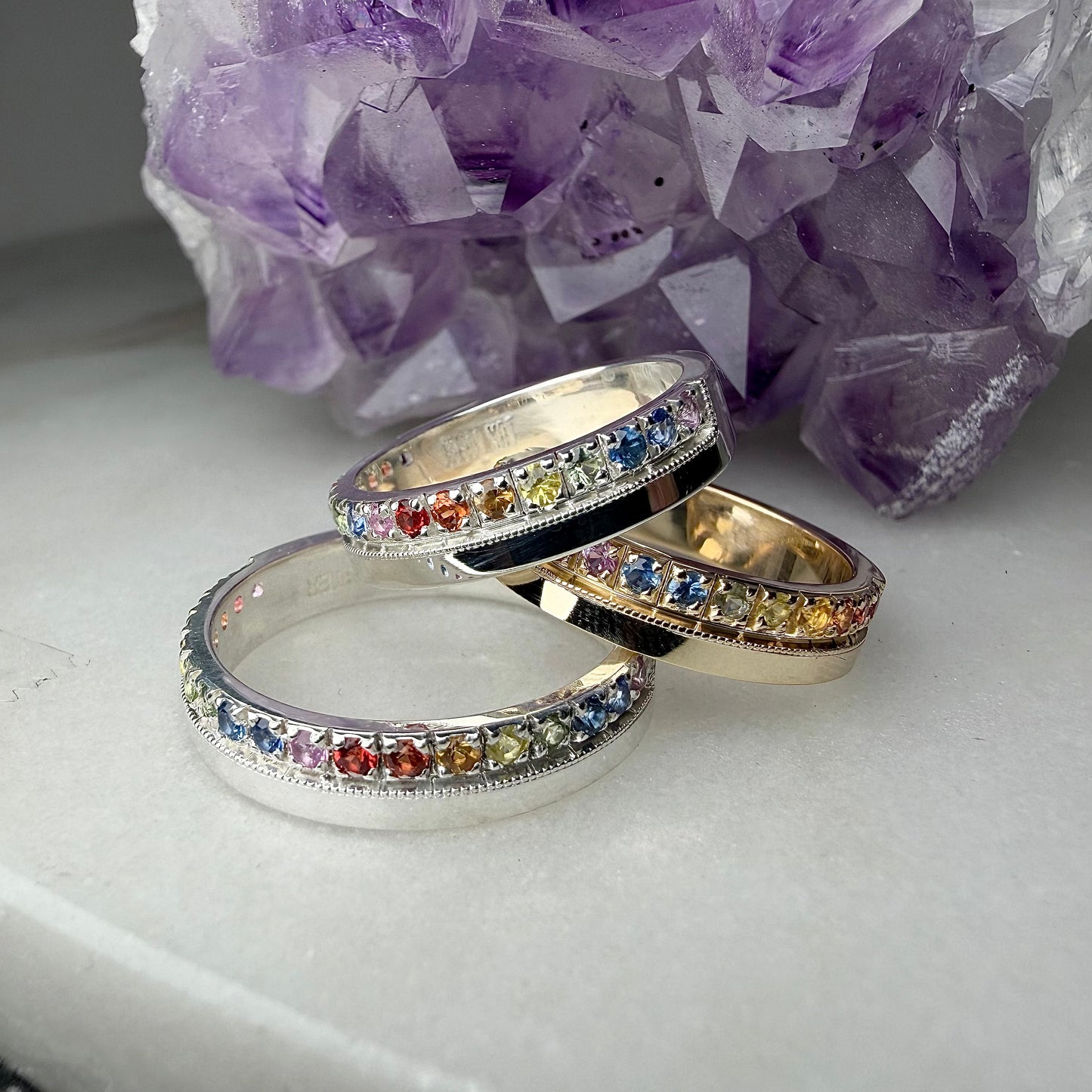 Rainbow Sapphire Flat Band Ring | Sterling Silver