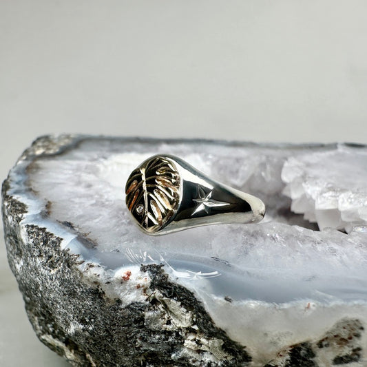 Monstera Leaf Signet Ring | 14k Yellow Gold & Sterling Silver