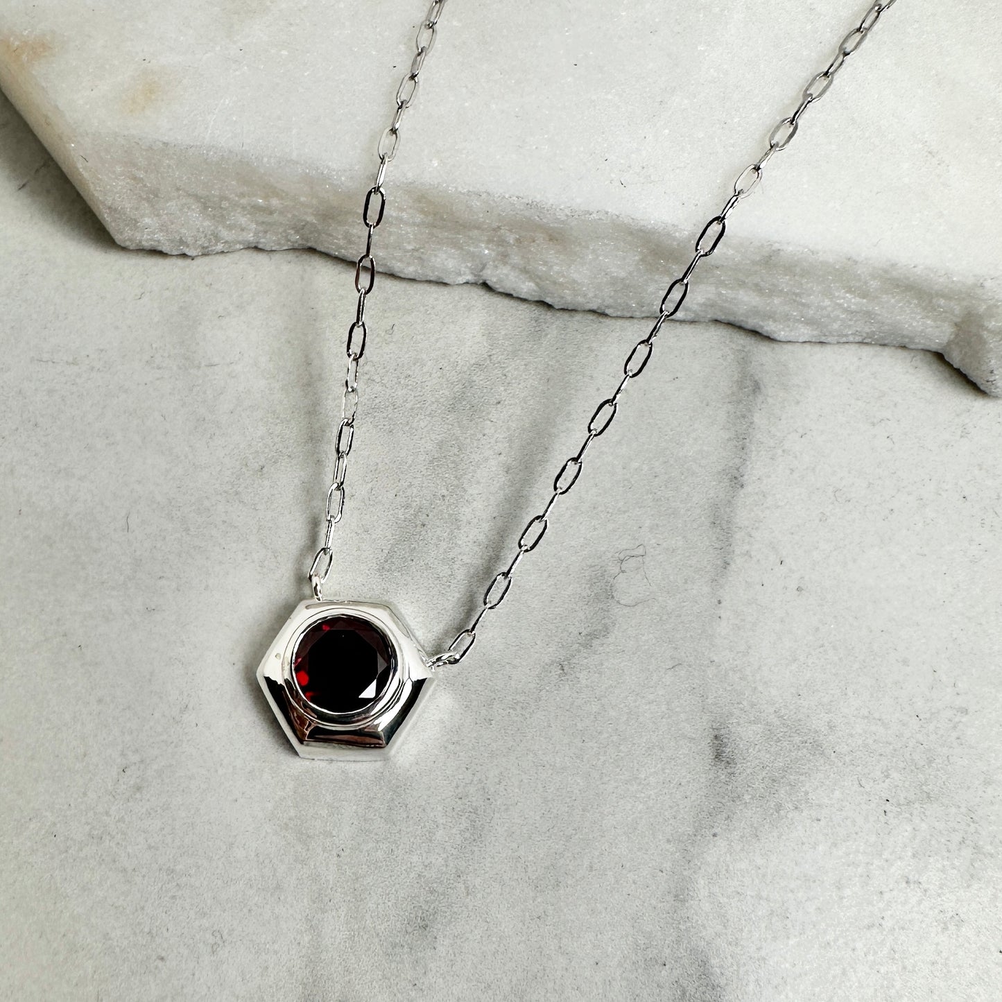 Garnet Hexagon Necklace | Sterling Silver
