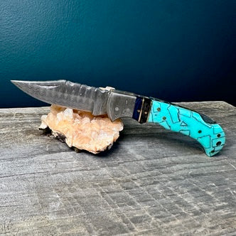 Damascus Steel and Turquoise Resin with Wood Accents Utility Knife