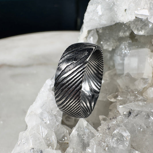 Etched Silver Damascus Steel Ring with Half Round Profile