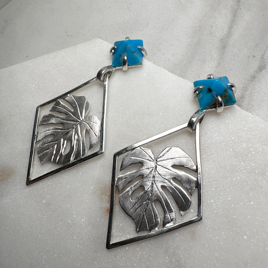 Monstera Earrings with Turquoise Pyramids