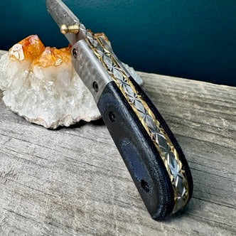 Damascus Steel Pocket Knife with Navy Blue Micarta Handle