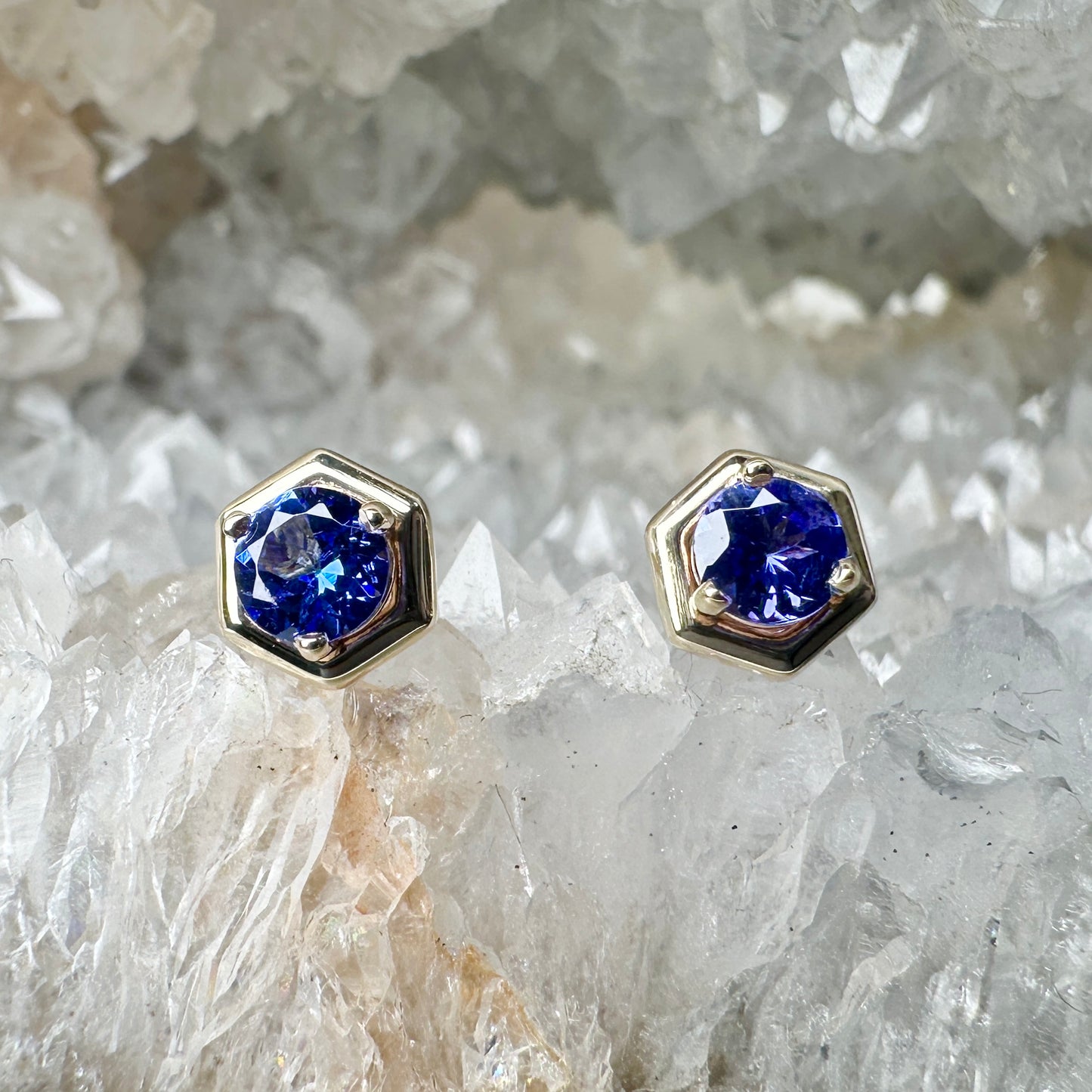 Tanzanite Hex Studs | 14k Yellow Gold