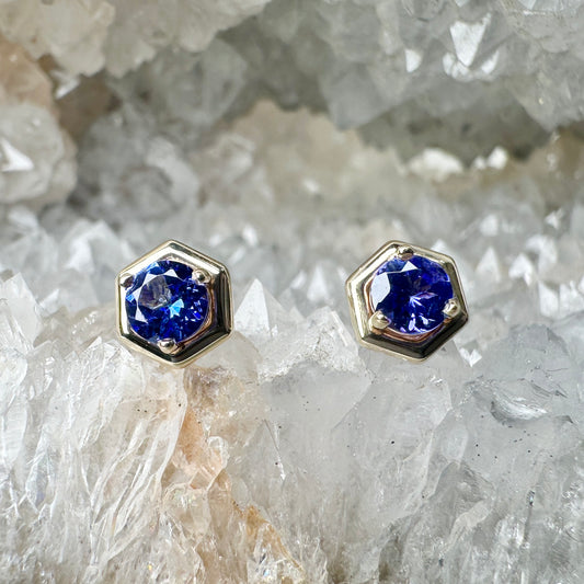 Tanzanite Hex Studs | 14k Yellow Gold