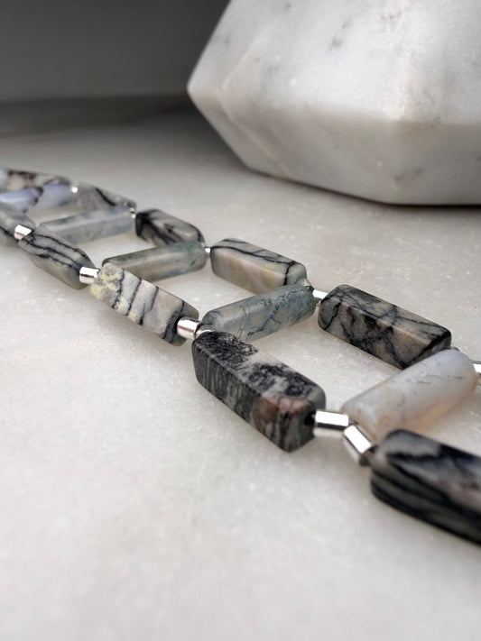 Moss Agate & Zebra Jasper Lattice Bracelet | Sterling Silver