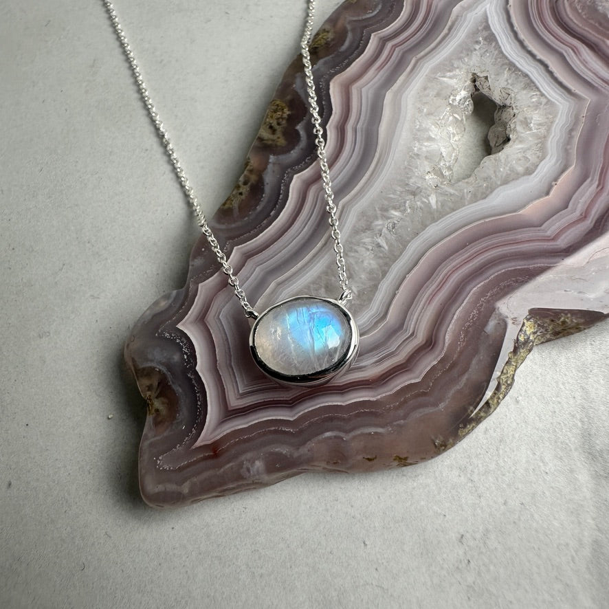 Oval Moonstone Necklace | Sterling Silver