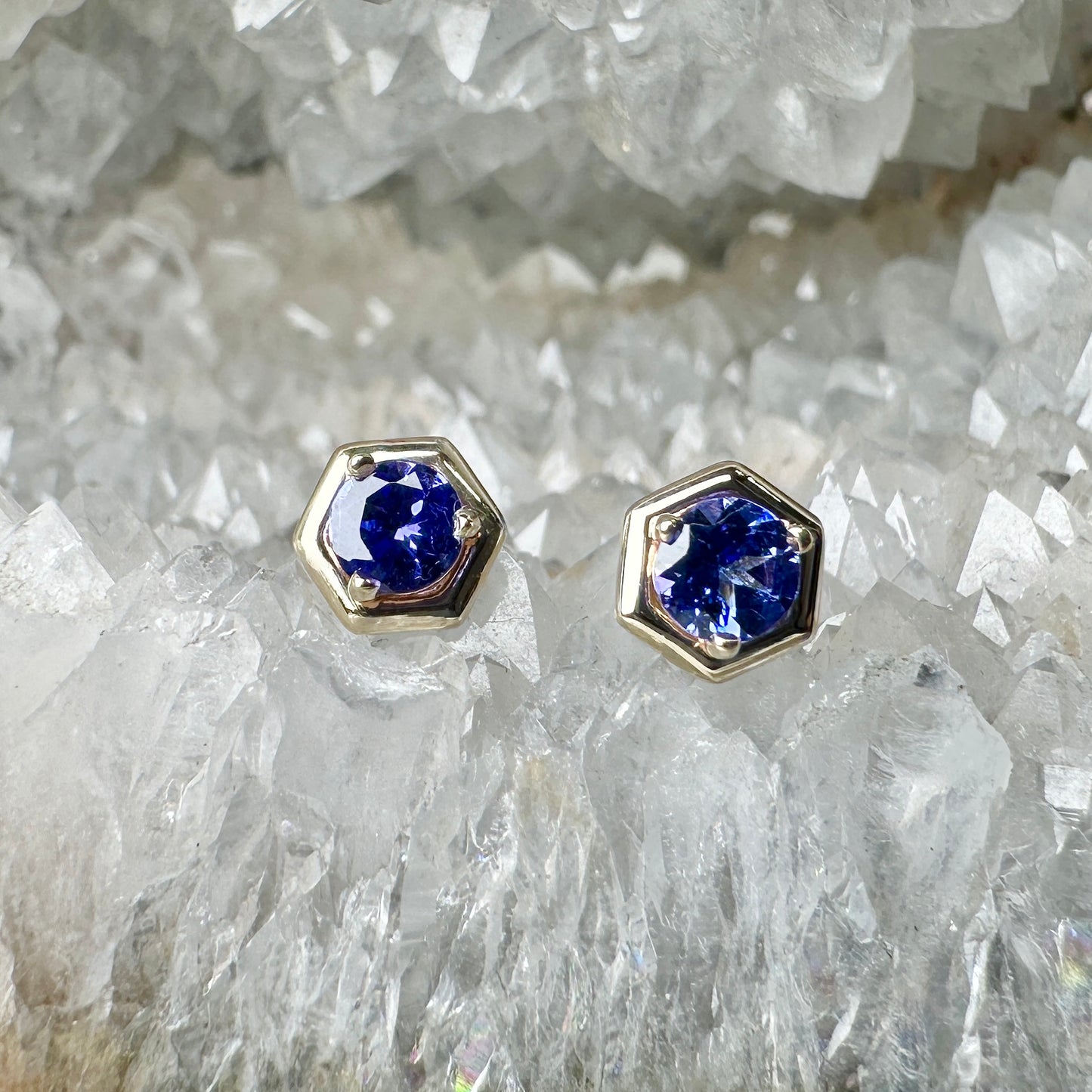 Tanzanite Hex Studs | 14k Yellow Gold