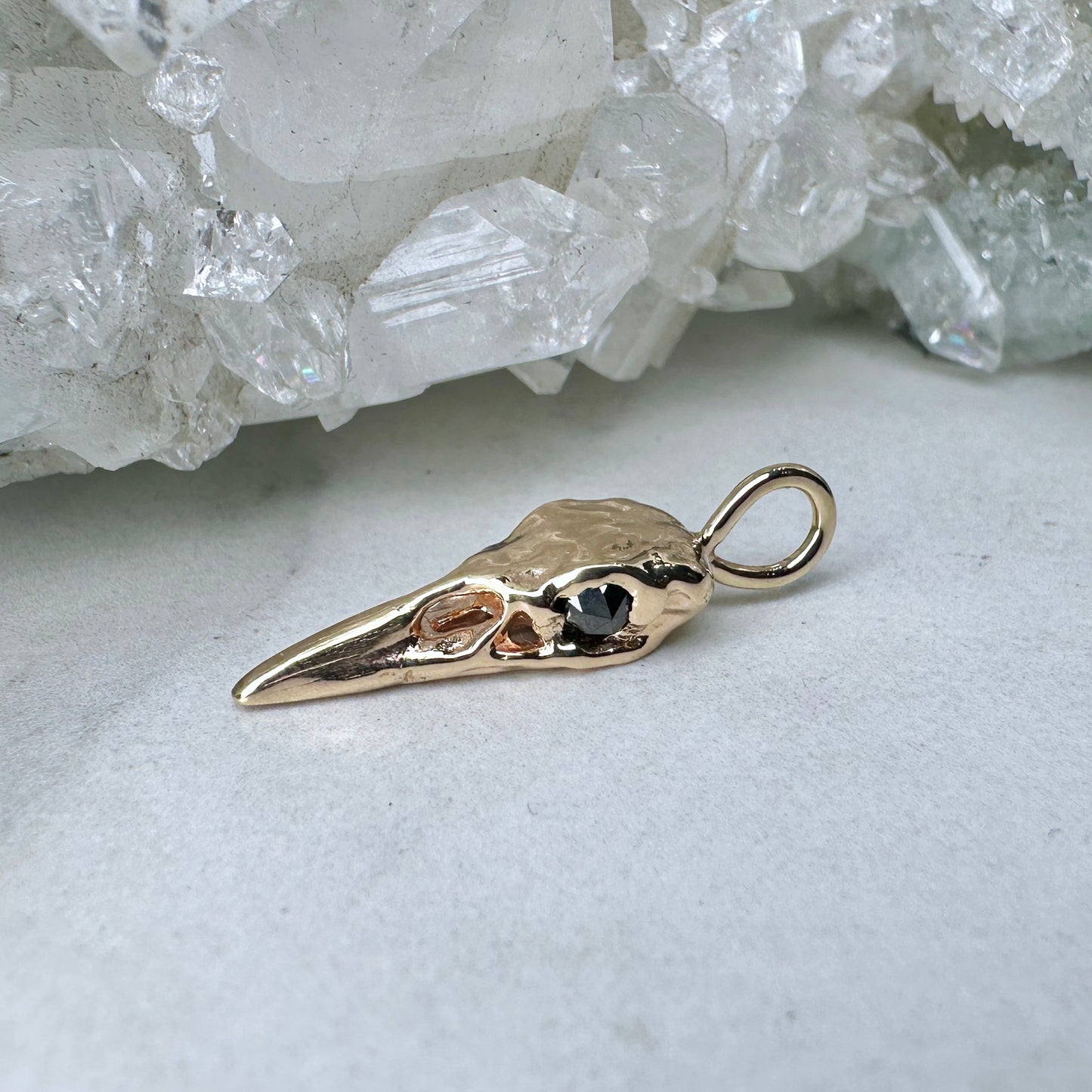 Raven Skull Pendant with Black Diamond Eyes | 14k Yellow Gold