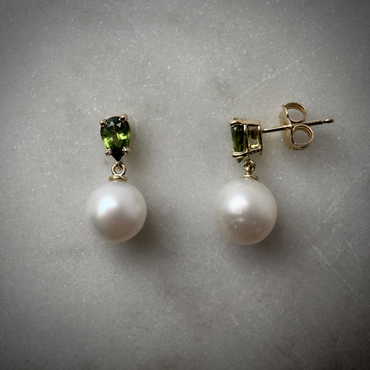 Green Australian Sapphire and Freshwater Pear Drop Earrings | 14k Yellow Gold