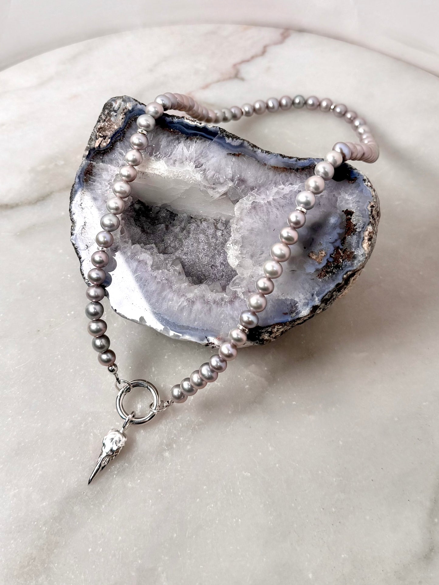 Grey Pearl Necklace with Circle Charm Clasp | Sterling Silver