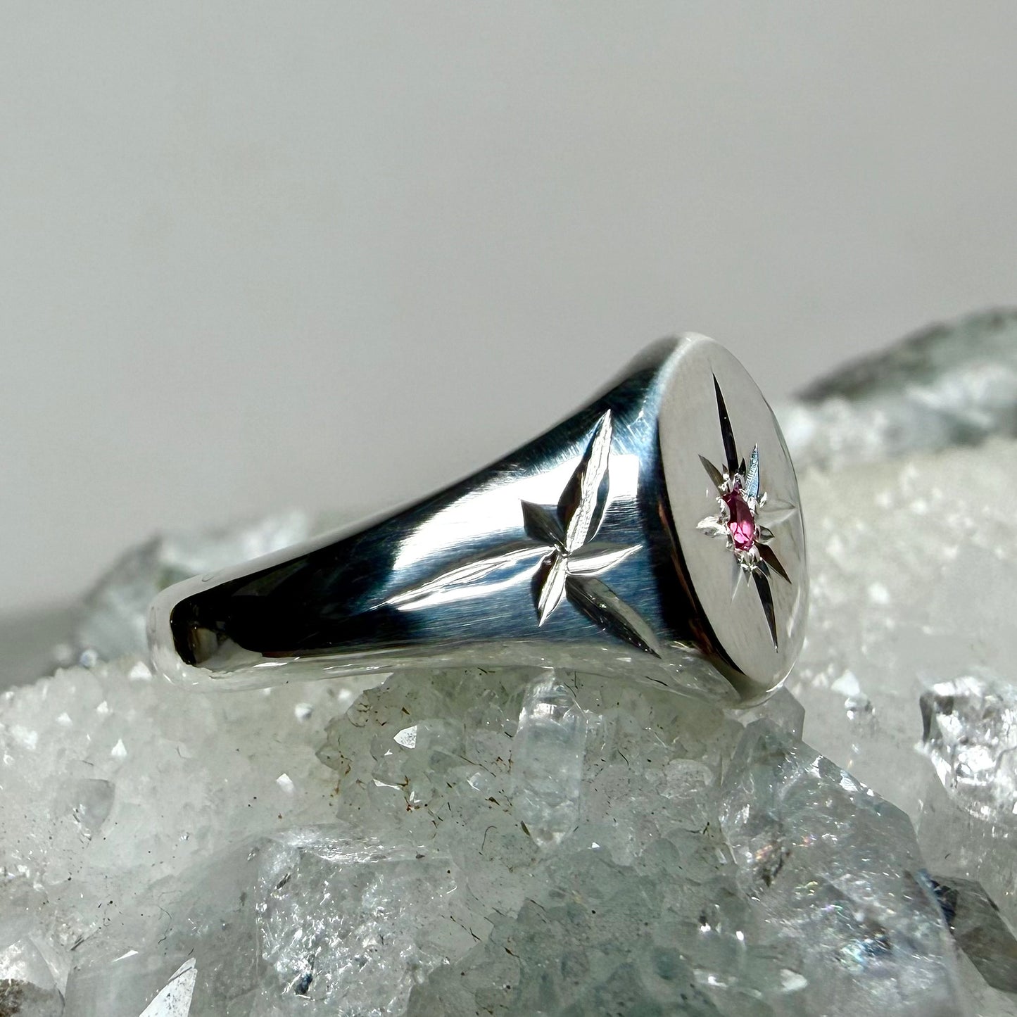 Pink Tourmaline Starburst Engraved Signet Ring | Sterling Silver