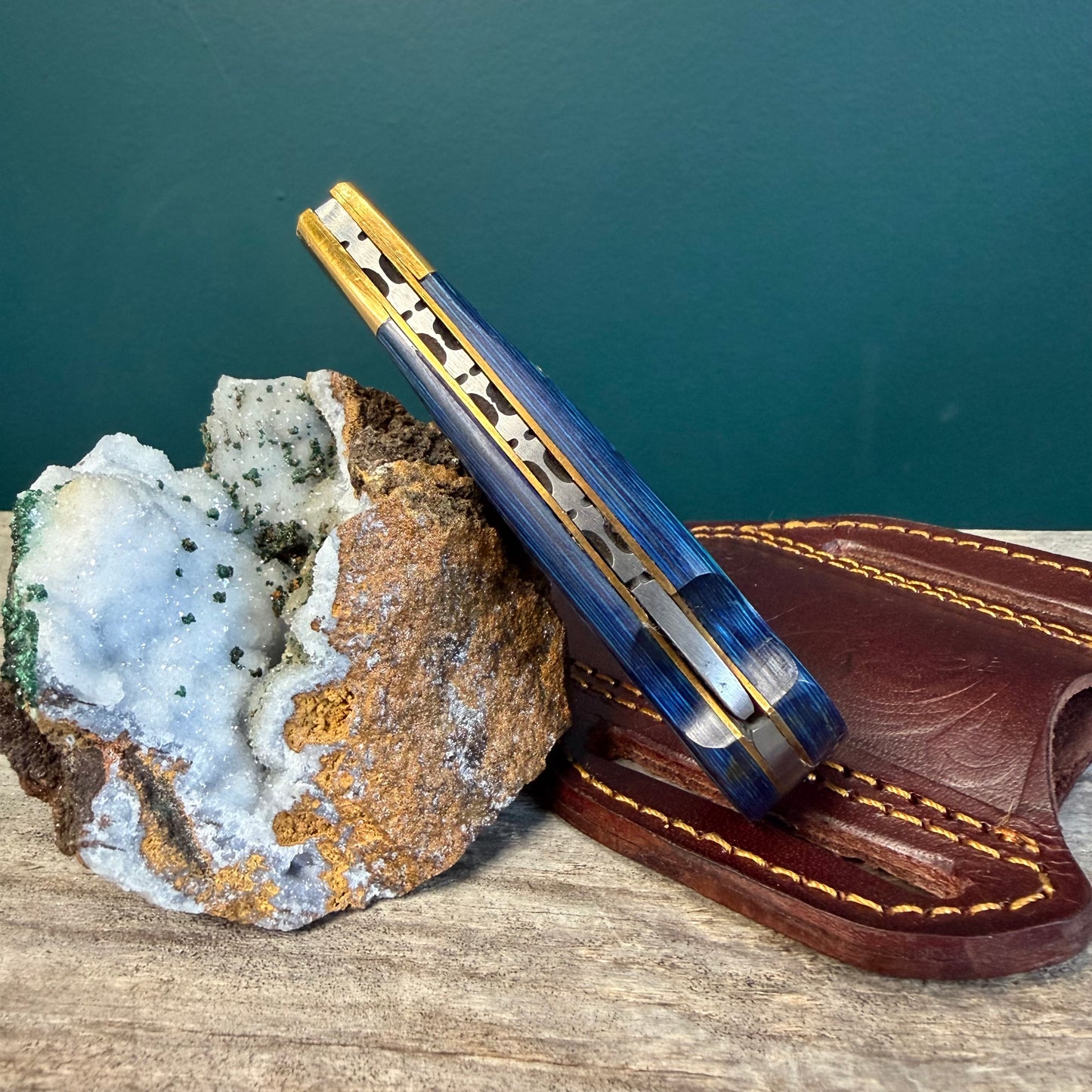 Blue Wood & Brass Folding Knife with Leather Sheath