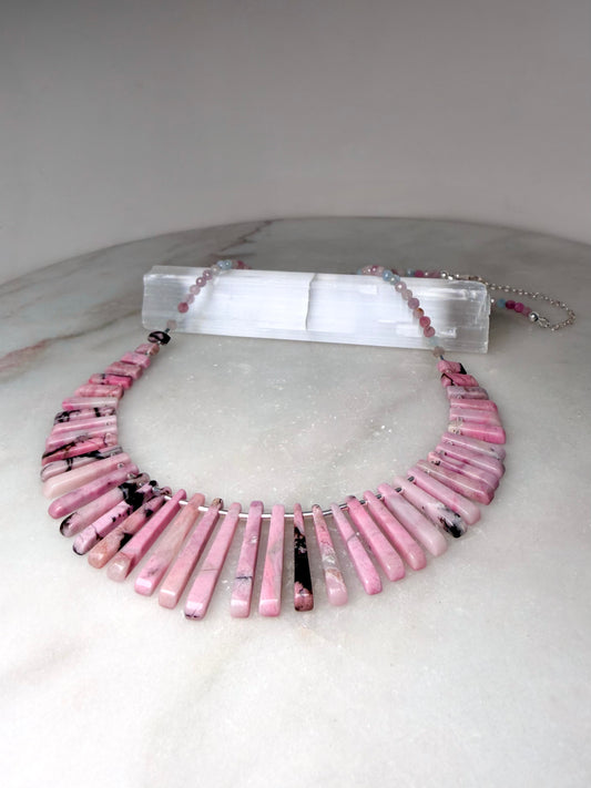 Pastel Pink Rhodonite & Tourmaline Statement Necklace | Sterling Silver
