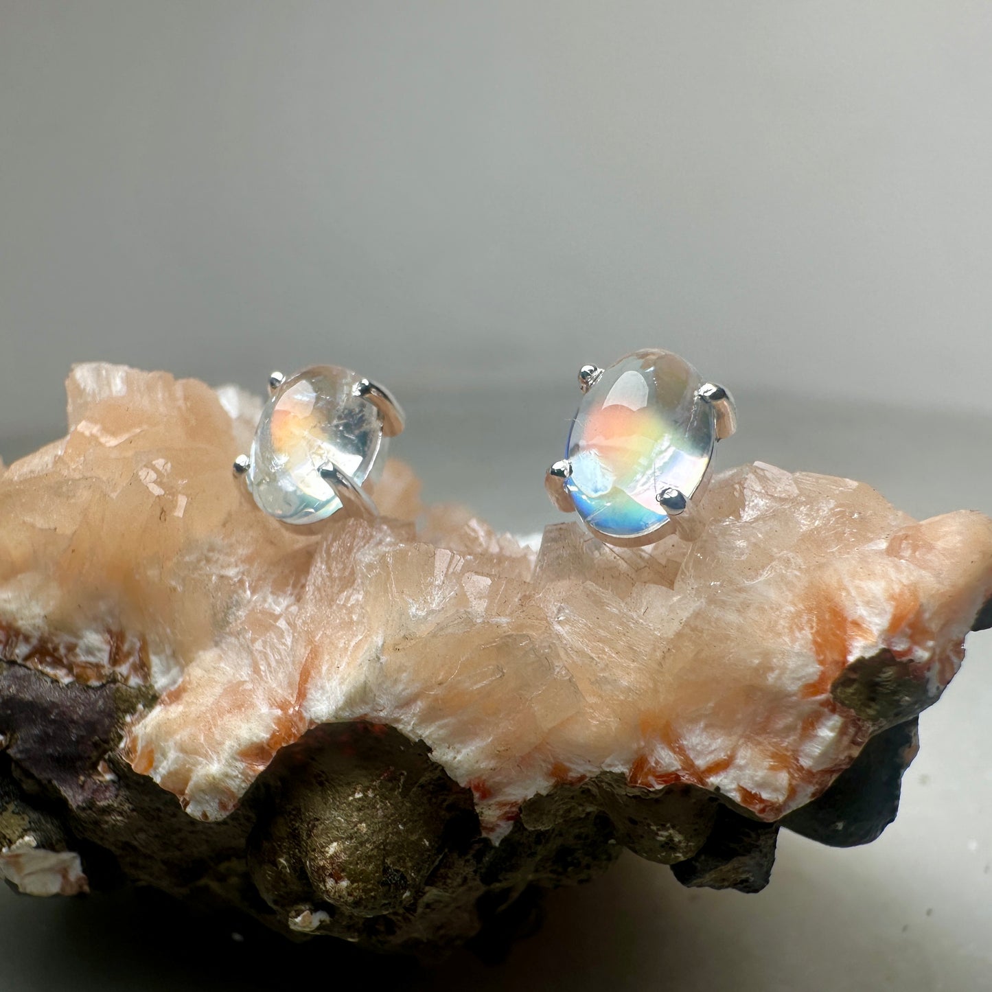 Rainbow Moonstone Oval Stud Earrings | Sterling Silver