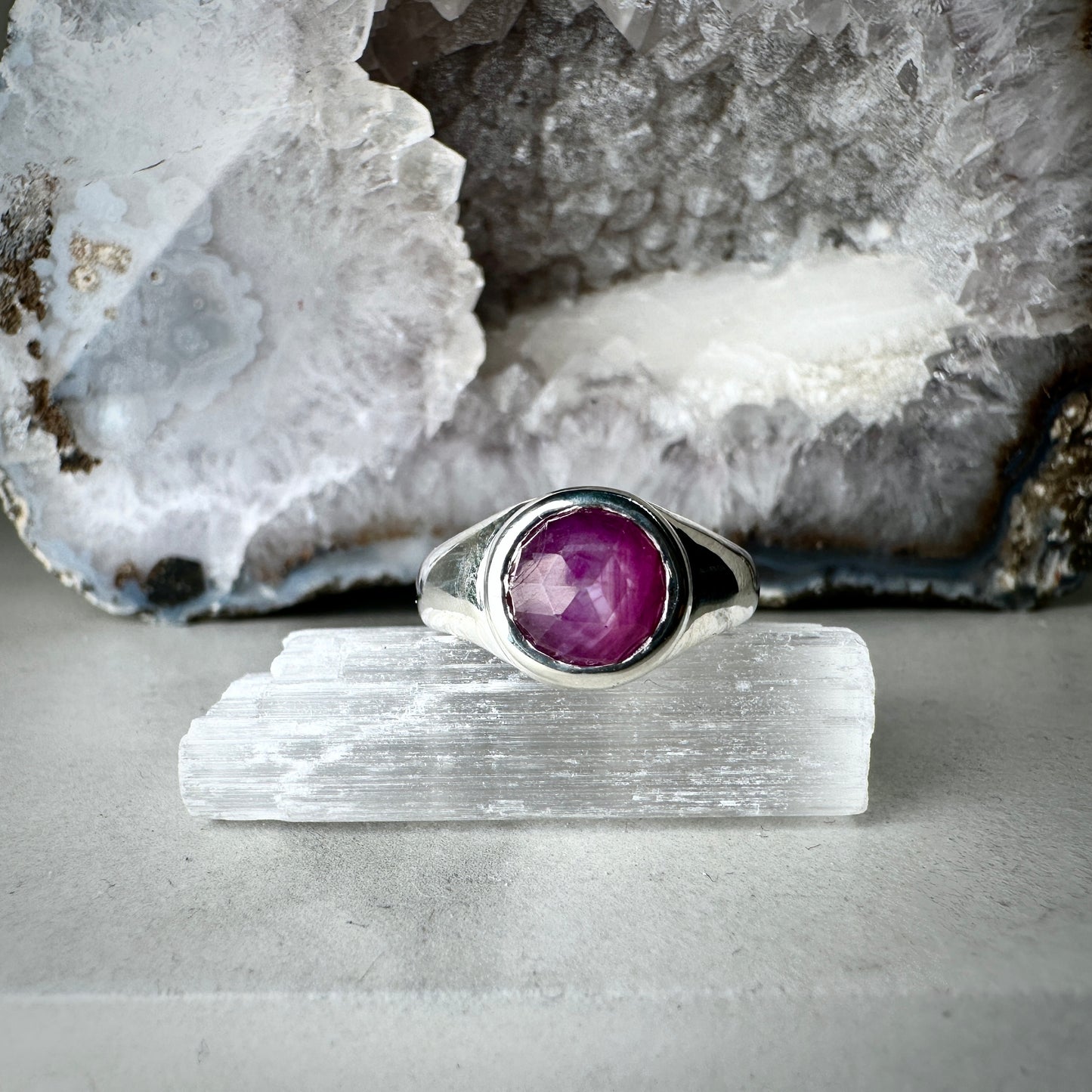 Silky Pink Sapphire Signet Ring | Sterling Silver