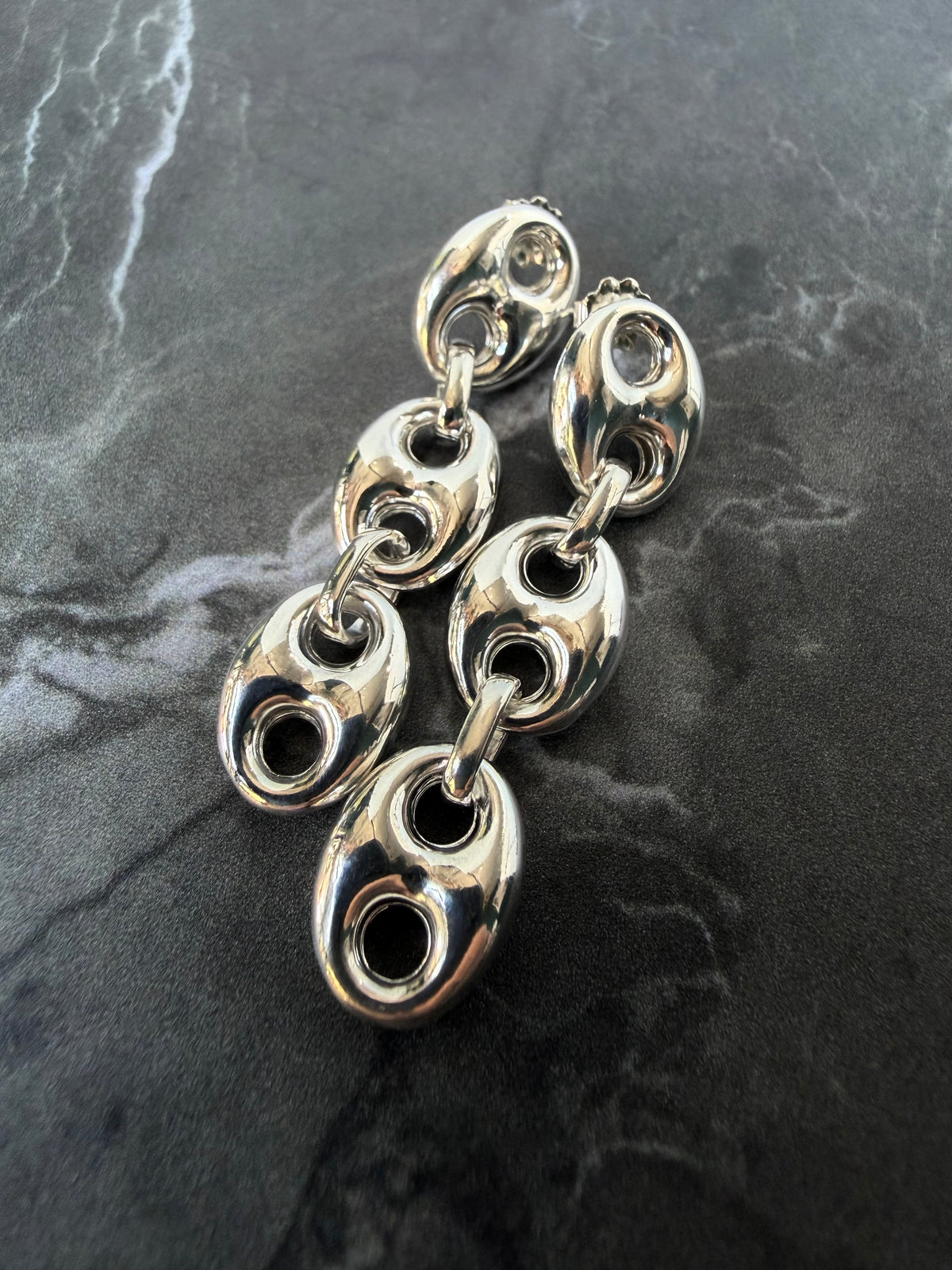 Puffed Anchor Three Link Earrings | Sterling Silver