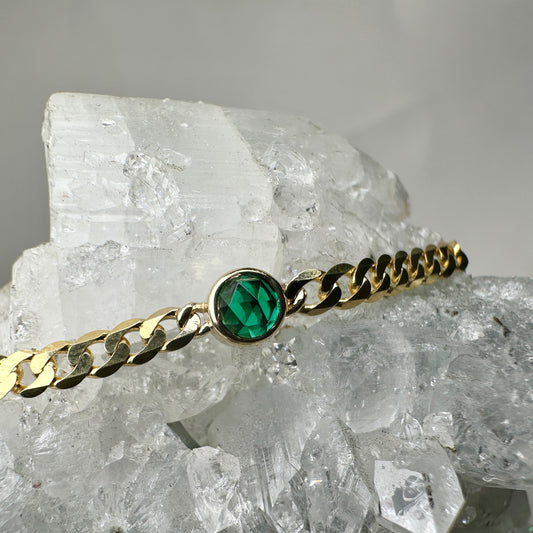 Emerald Rose Cut Curb Chain Bracelet | 14k Yellow Gold