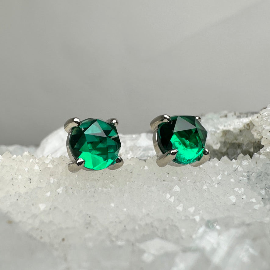 Lab Grown Emerald 4-Prong Stud Earrings | 14k White Gold