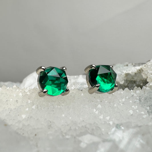 Lab Grown Emerald 4-Prong Stud Earrings | 14k White Gold