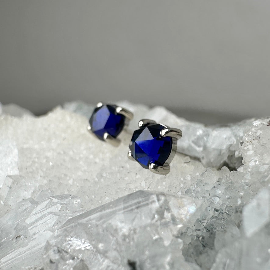 Lab Grown Sapphire 4-Prong Stud Earrings | 14k White Gold