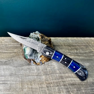 Damascus Steel Knife with Grey and Blue Wood Handle