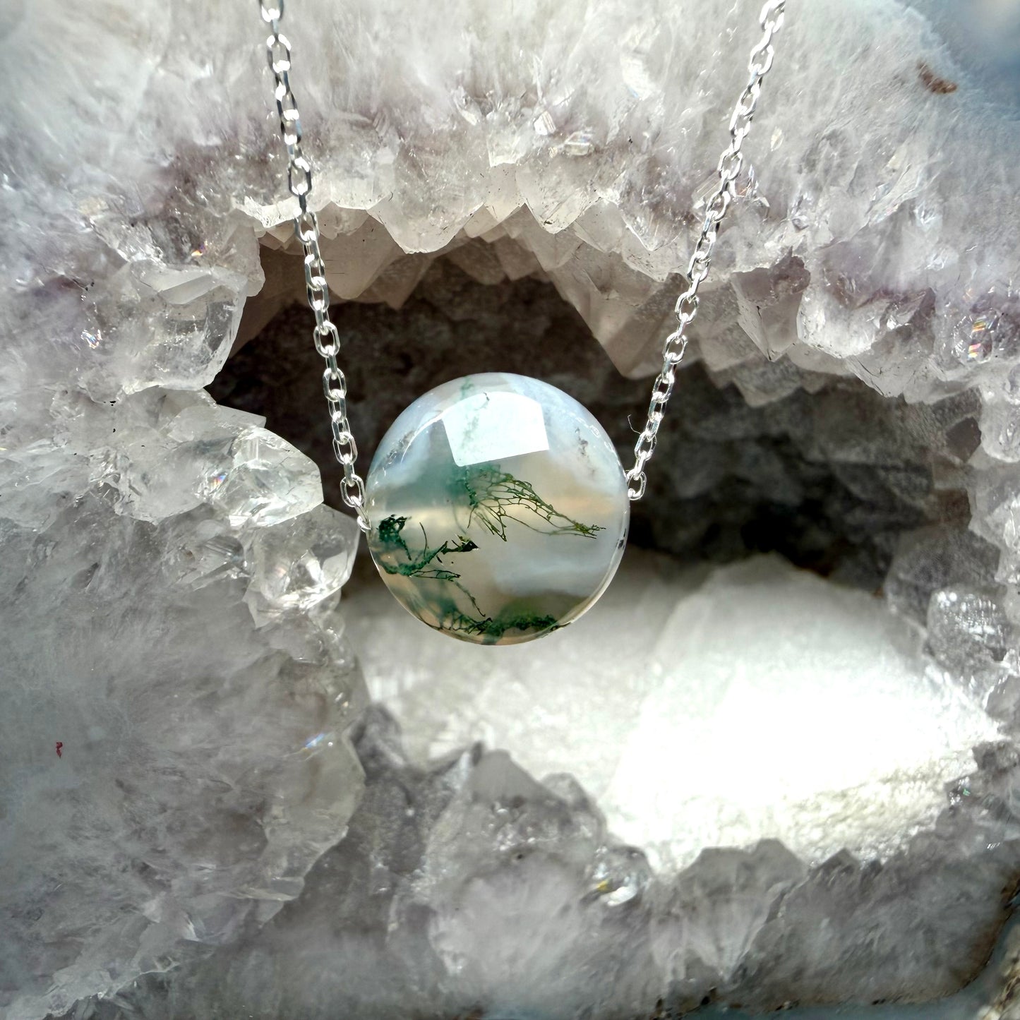 Faceted Moss Agate Floating Necklace | Sterling Silver