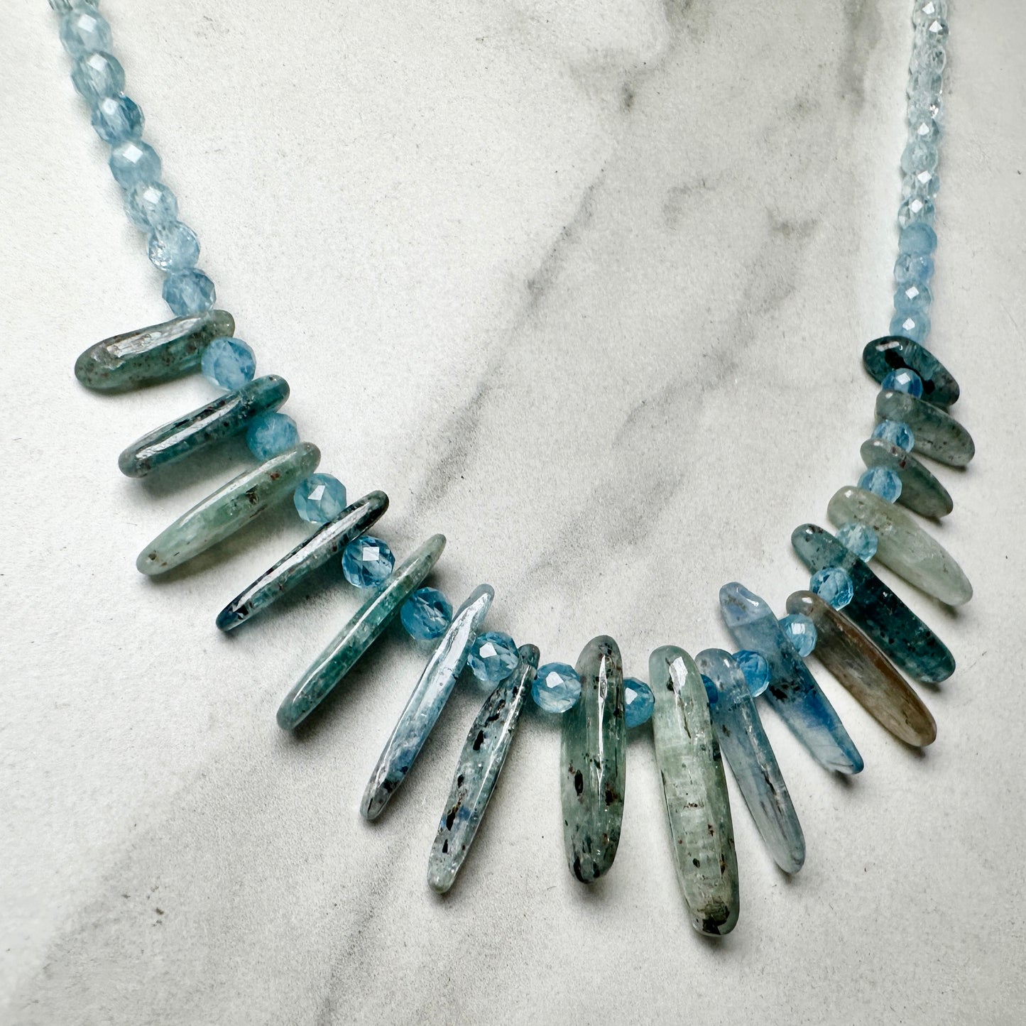 Aquamarine and Kyanite Beaded Necklace | Sterling Silver