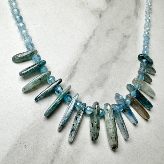 Aquamarine and Kyanite Beaded Necklace | Sterling Silver