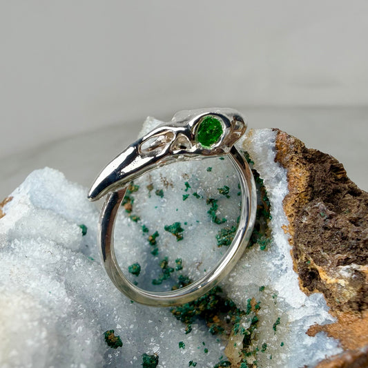 Raven Skull Ring with Tsavorite Garnet Eyes | Sterling Silver