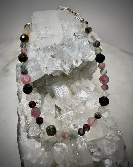 Faceted Watermelon Tourmaline Beaded Bracelet | Sterling Silver | Adjustable