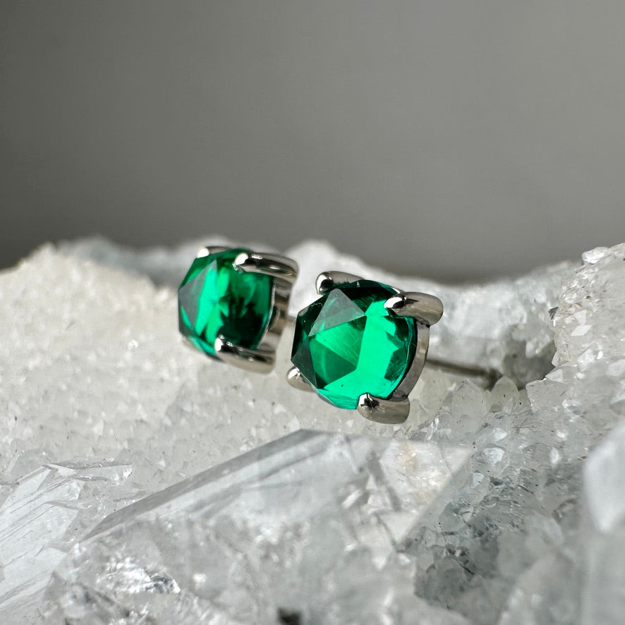 Lab Grown Emerald 4-Prong Stud Earrings | 14k White Gold