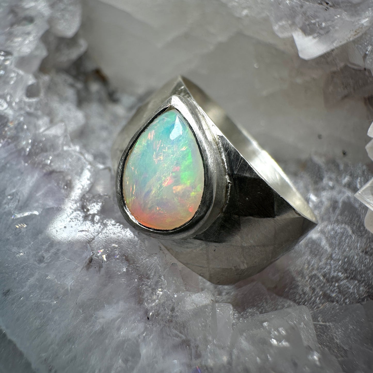 Faceted Cigar Band Ring with Ethiopian Opal