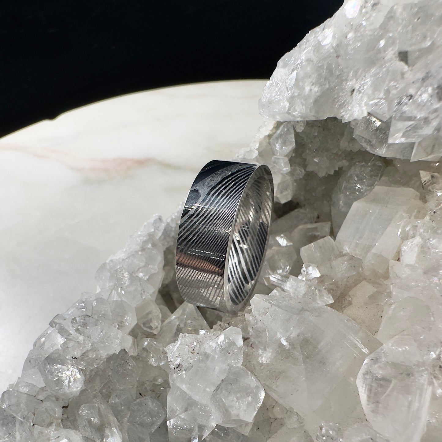 Silver Damascus Steel Ring with Flat Profile